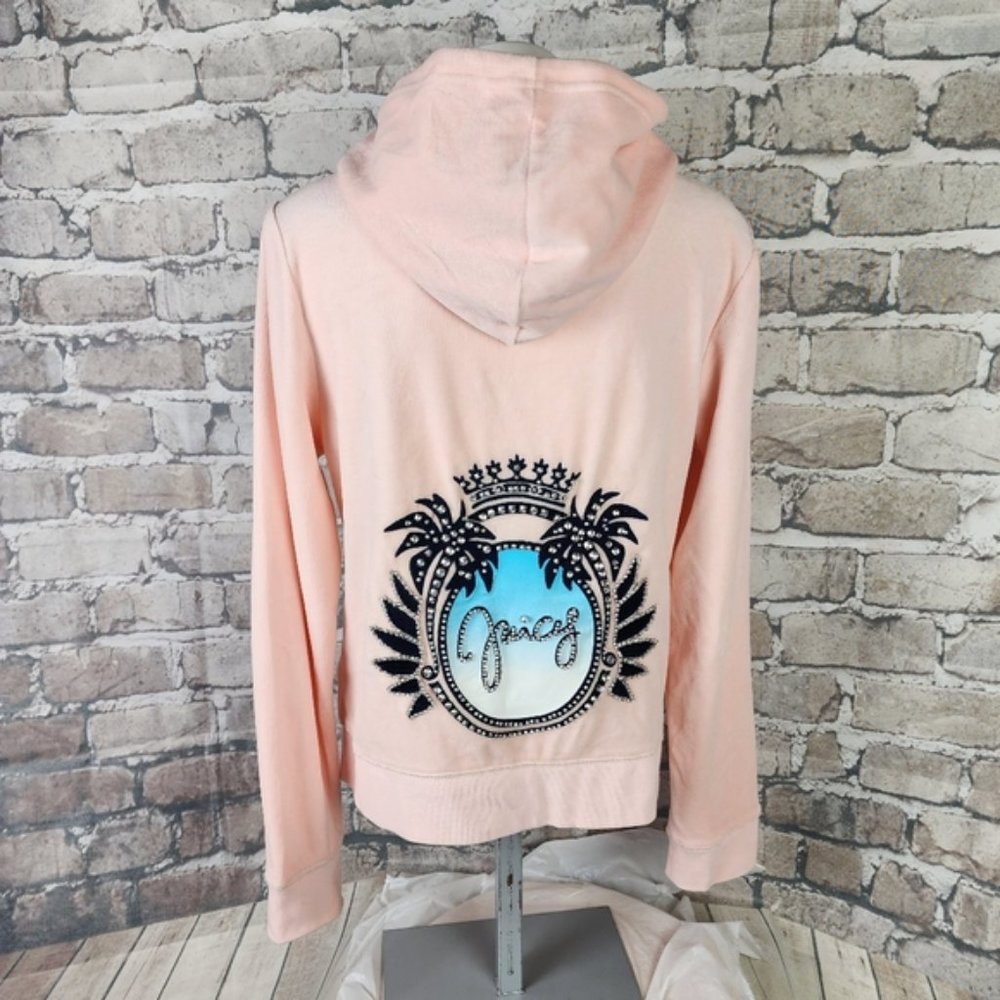 Juicy Couture Deluxe Crystal Island Zip Front Velour Hoodie Ballet Pink XL